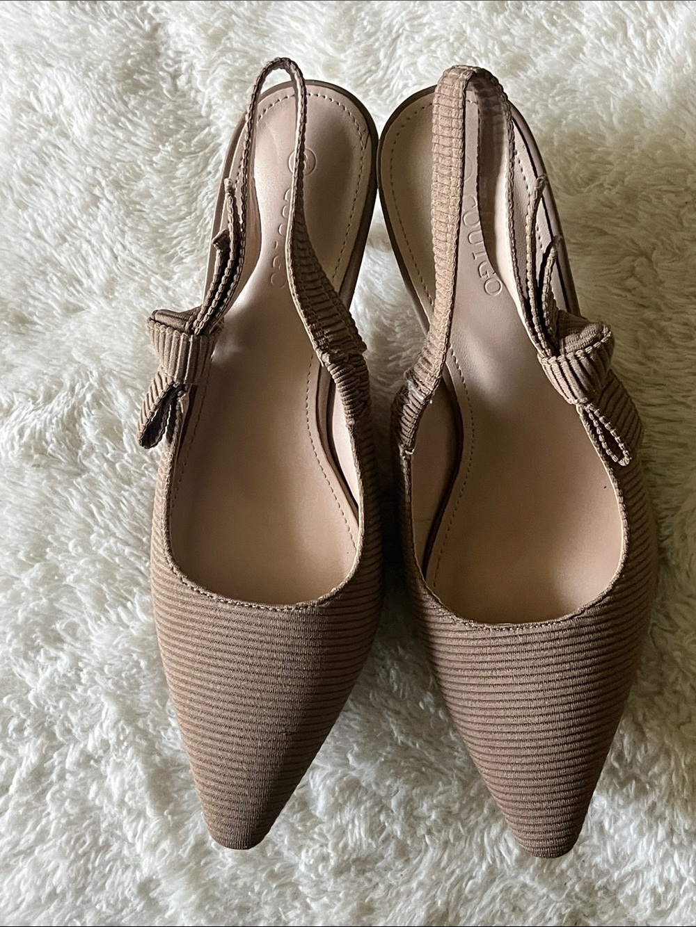 Boutique Textured Slingback Pointed Flats in Taupe